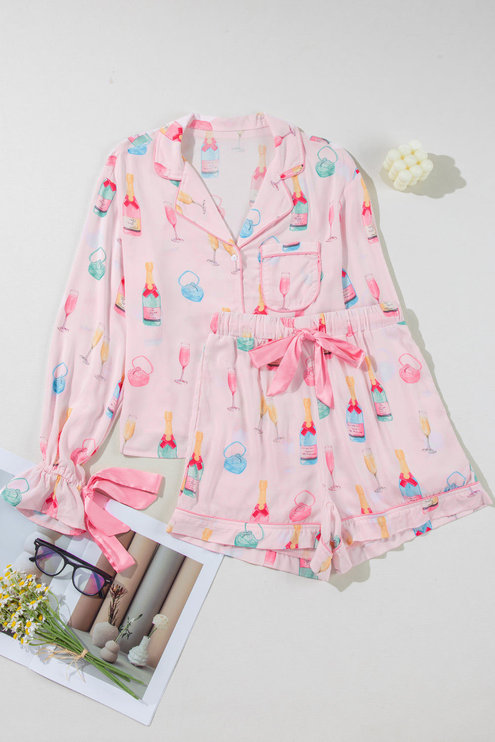 Light Pink Christmas Wine Glass Print Bow Knot Two Piece Pajama Set