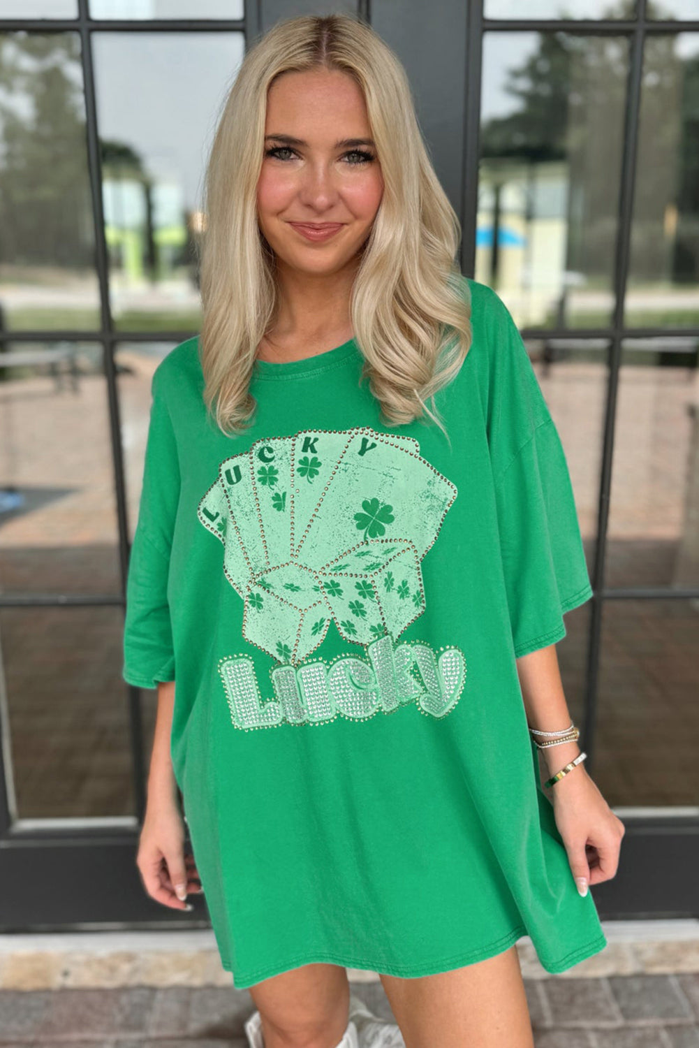 Bright Green Rhinestone Lucky Poker Cards Oversized T Shirt Mini Dress