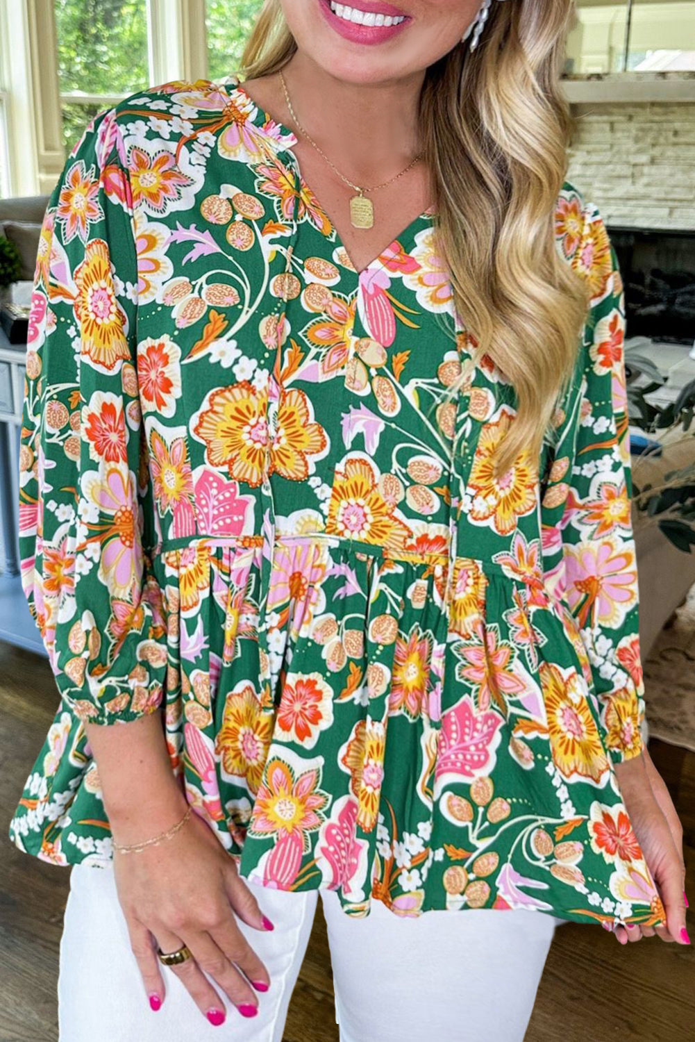 Green Floral Tied V Neck Long Sleeve Plus Size Babydoll Top