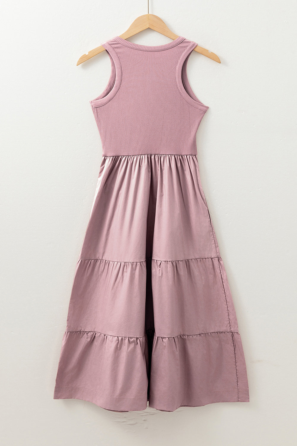 Sepia Rose Ribbed Vest Patchwork Tiered Midi Dress with Pockets