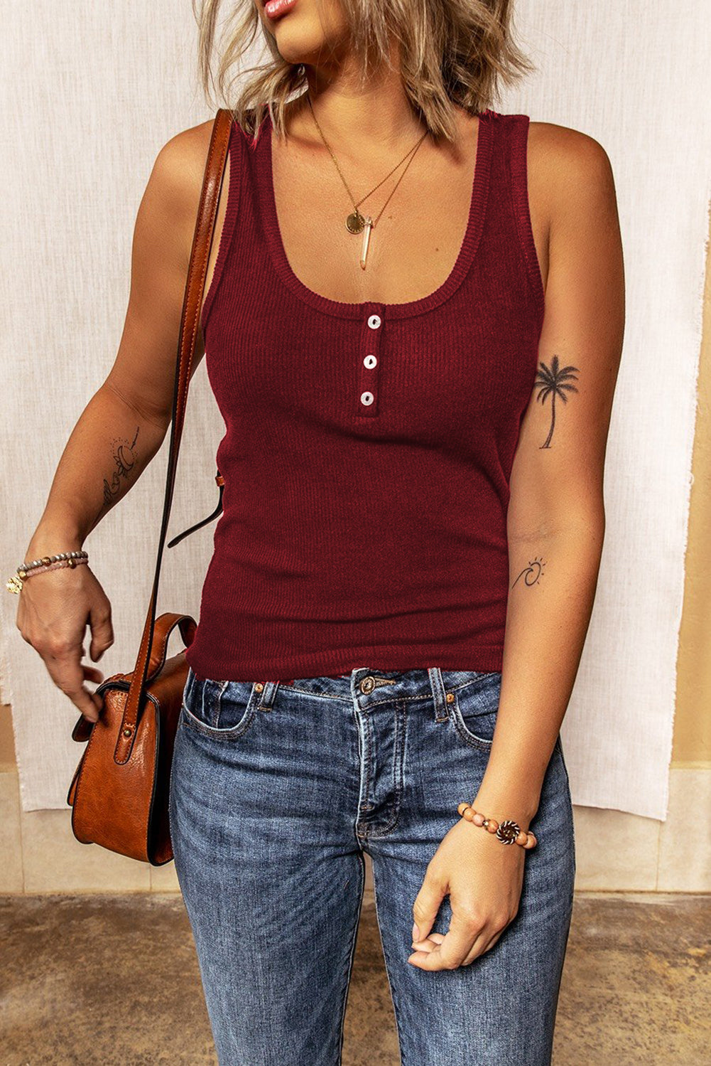 Fiery Red Buttoned Ribbed Tank