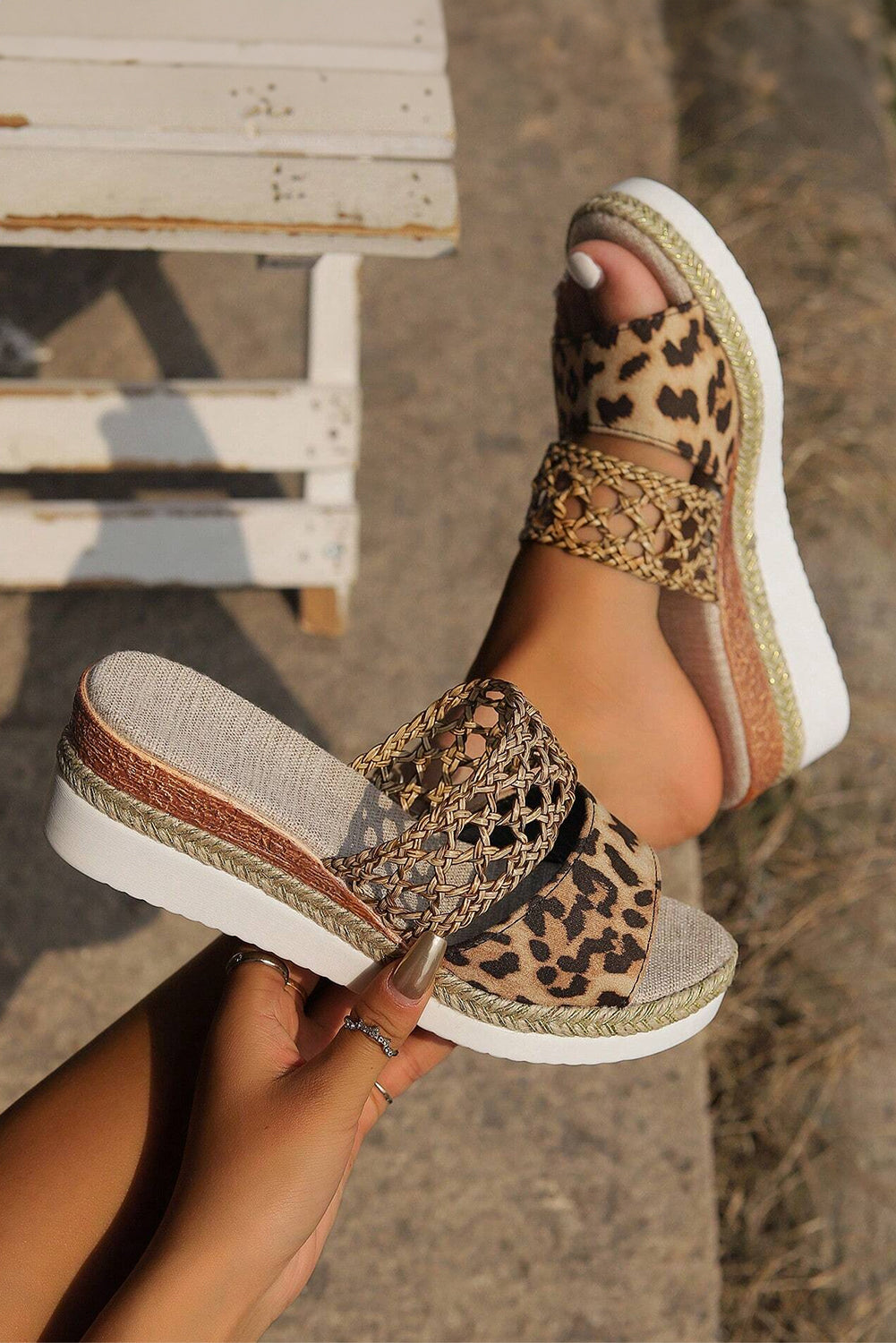 Chestnut Leopard Print Braided Details Wedge Slippers