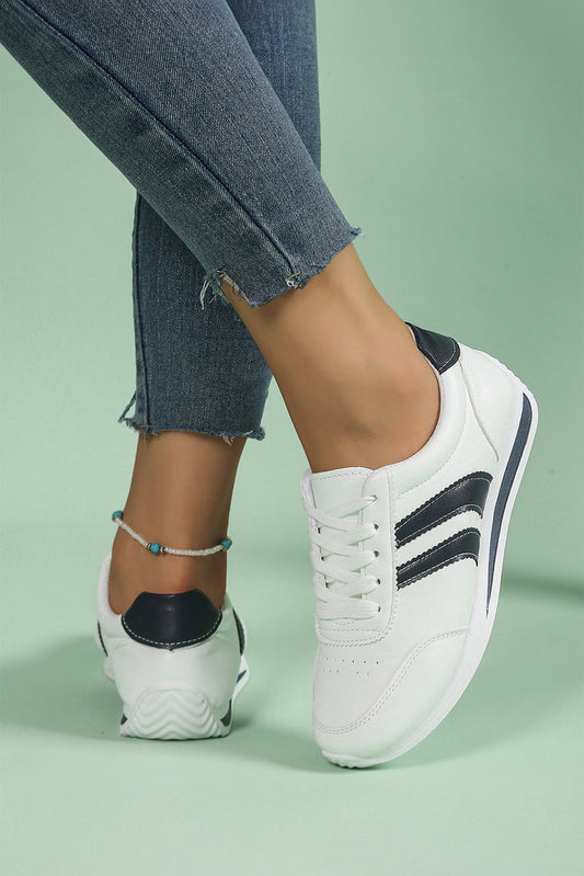 White PU Leather 2-tone Contrast Patchwork Lace-up Flat Shoes