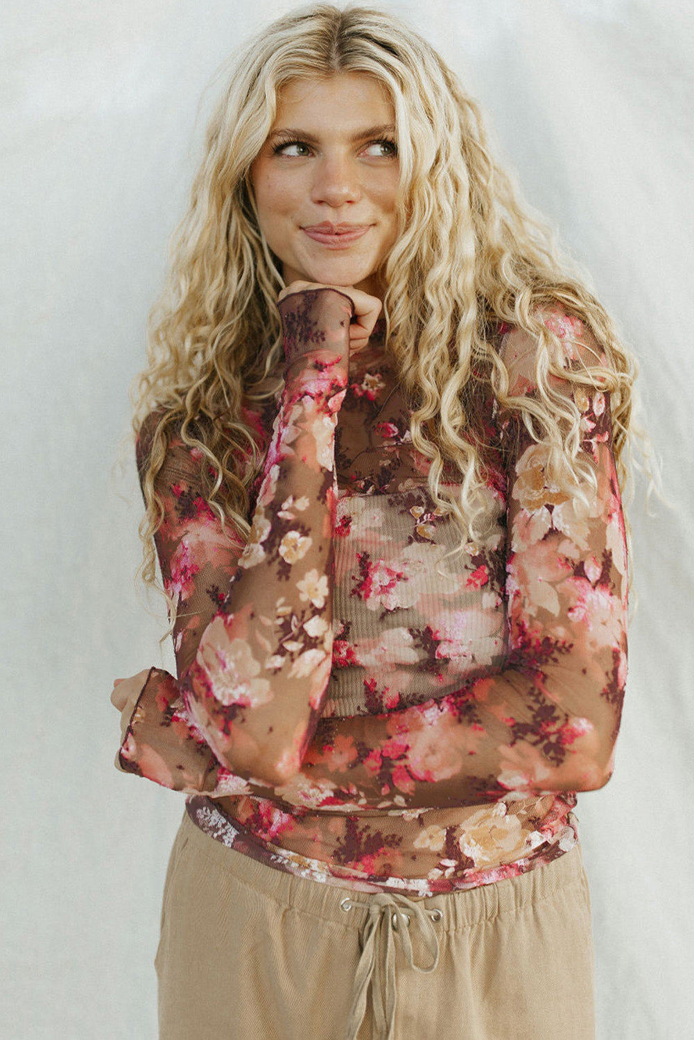 Red Floral Print Sheer Mesh Long Sleeve Top