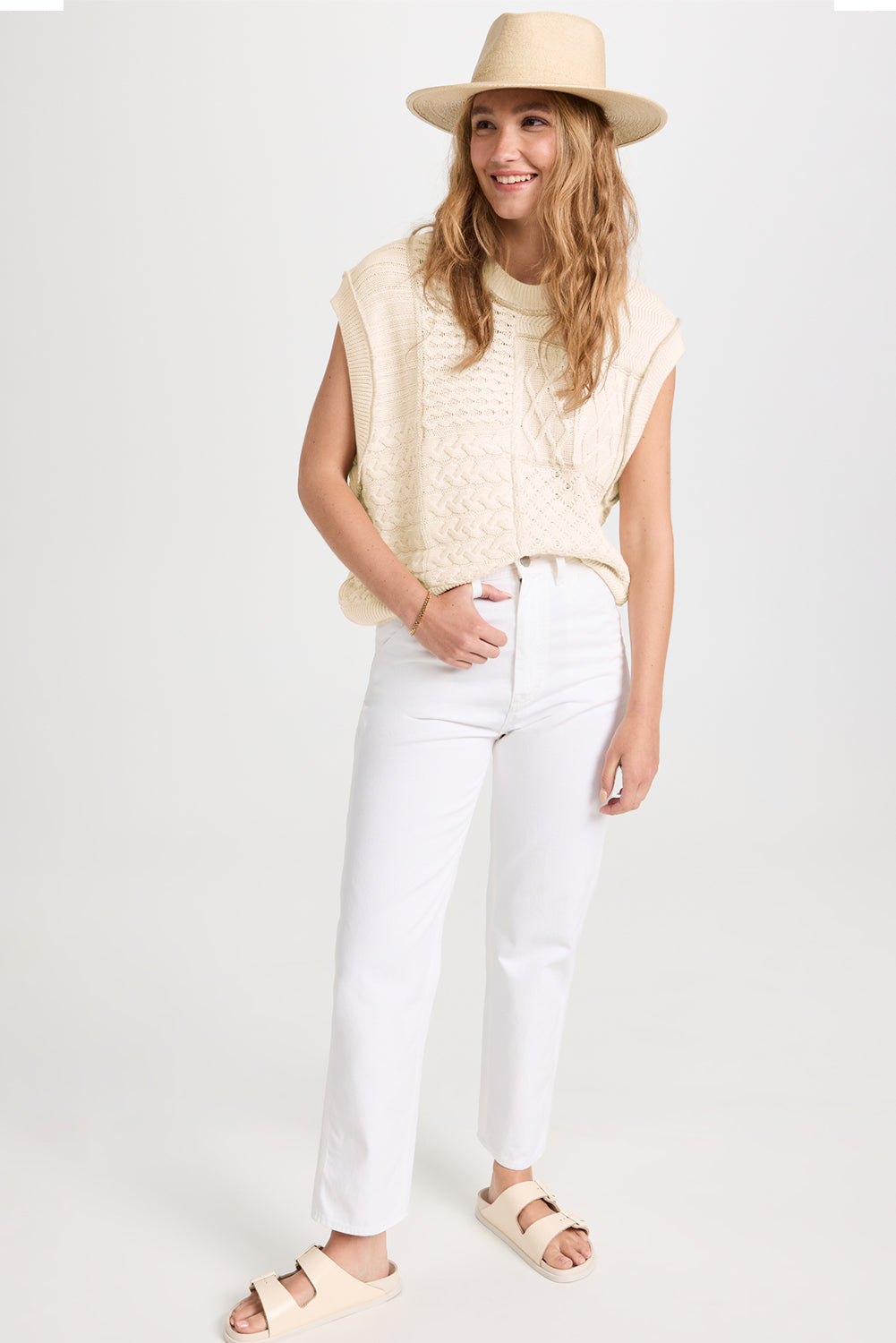 Beige Cable Knit Dolman Armholes Sweater Tank