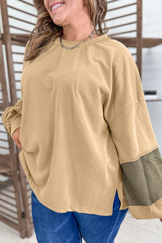 Laurel Green Exposed Seam Contrast Texture Patchwork Plus Size Drop Shoulder Pullover