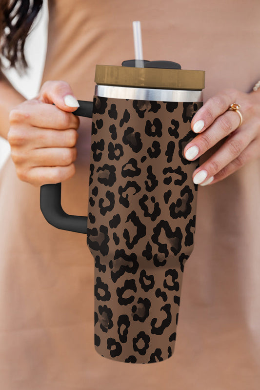 Coffee Leopard Print Handle Stainless Steel Large Vacuum Cup 40oz