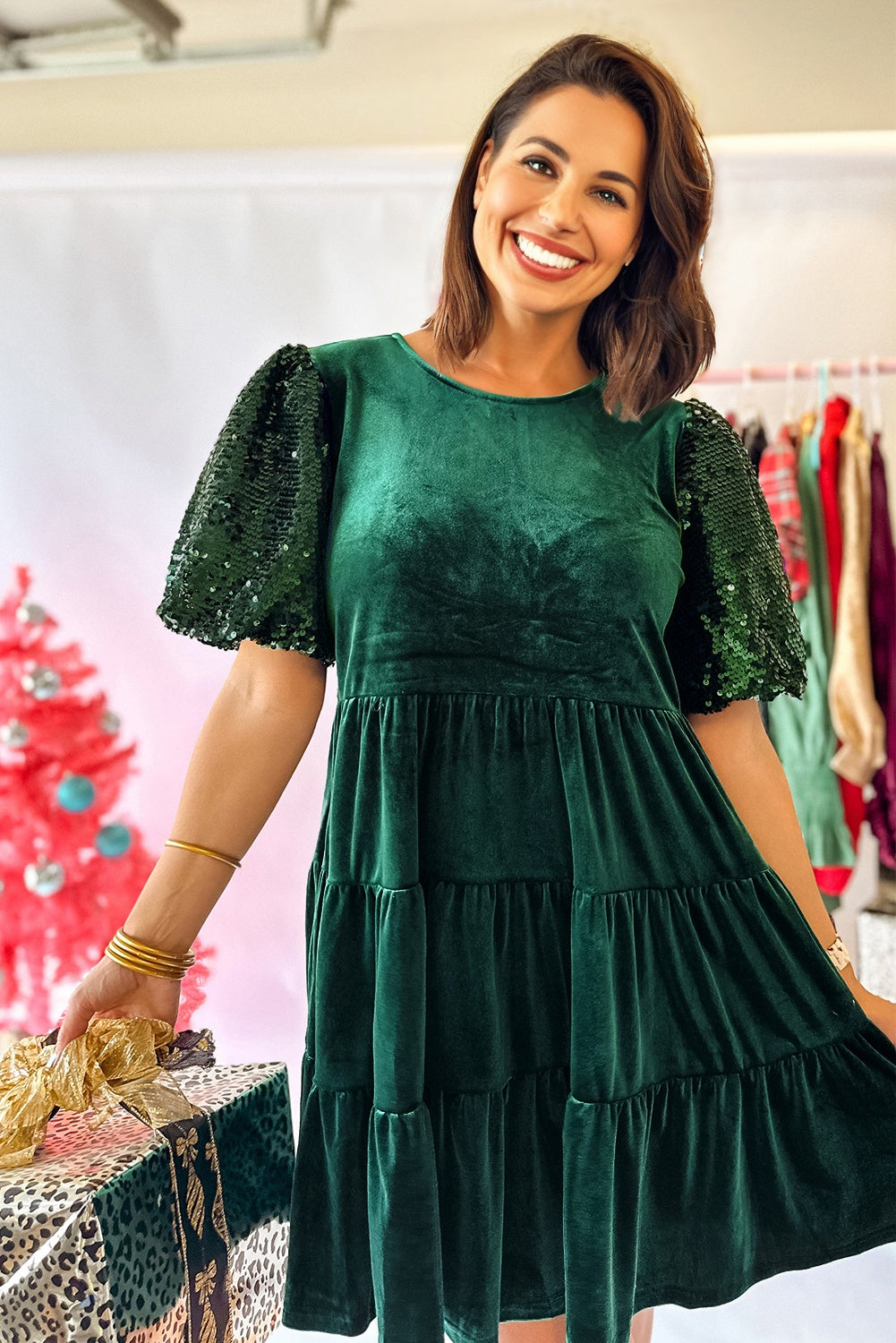Evergreen Sequin Puff Sleeve High Waist Tiered Velvet Mini Dress
