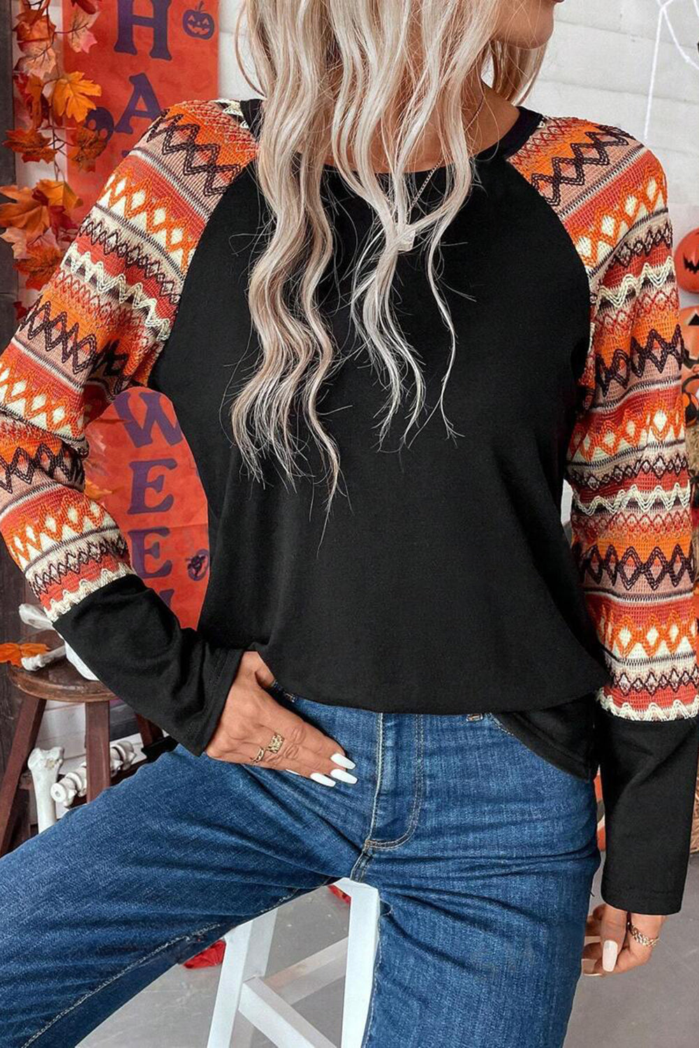 Orange Geo Print Raglan Patchwork Long Sleeve Tee