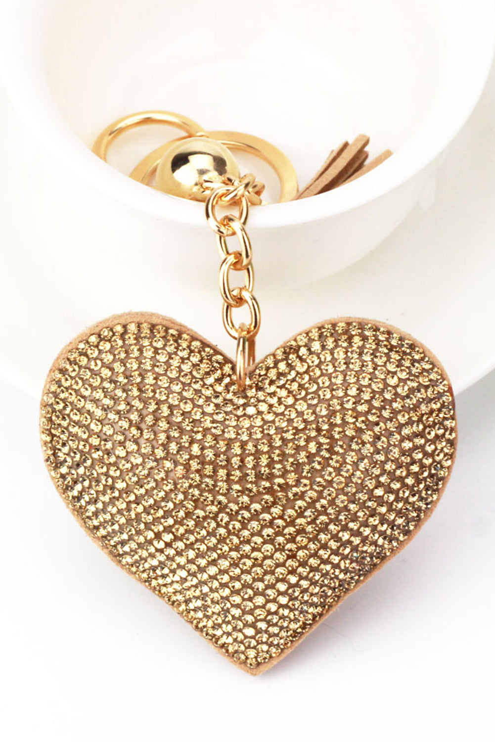 Gold Full Rhinestone Heart Pendant Tassel Key Ring