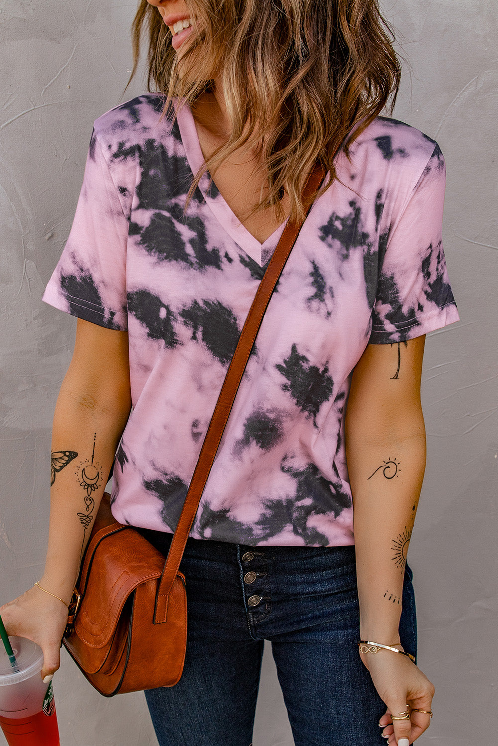 Purple Tie-dye V Neck T-shirt