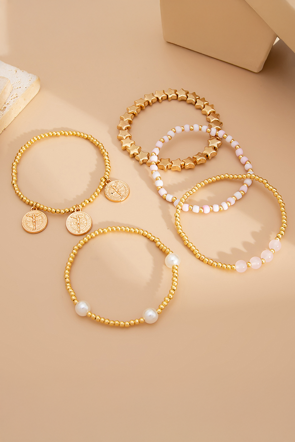 Gold Discs Pearl Stars Beaded Multi Layer Bracelet Set
