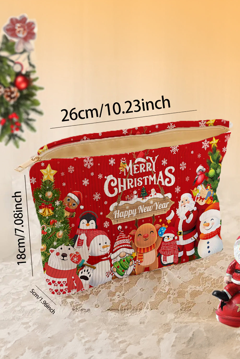 Fiery Red MERRY CHRISTMAS Happy New Year Corduroy Cosmetic Bag