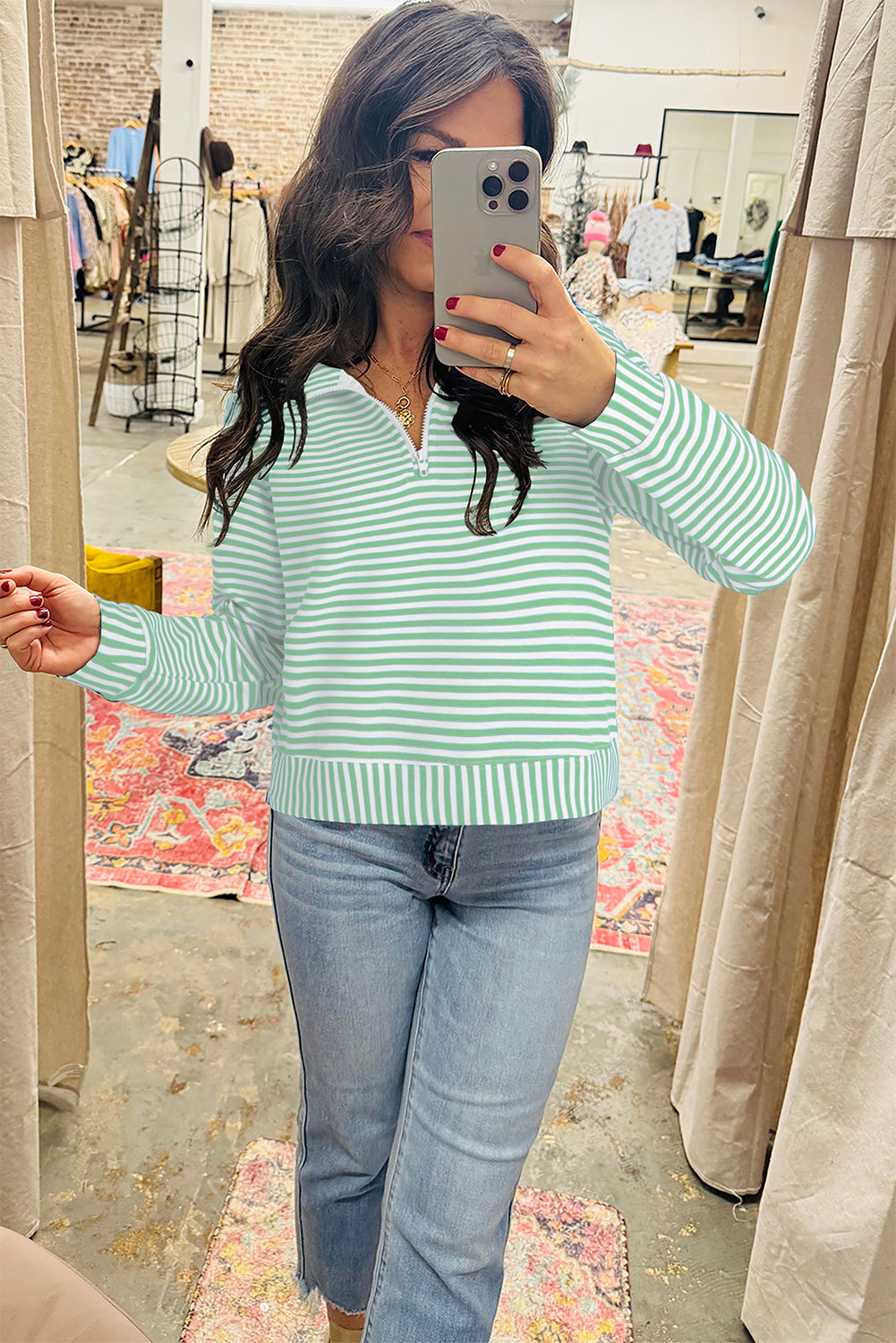 Green Stripe Quarter Zip Collar Pullover Long Sleeve Top