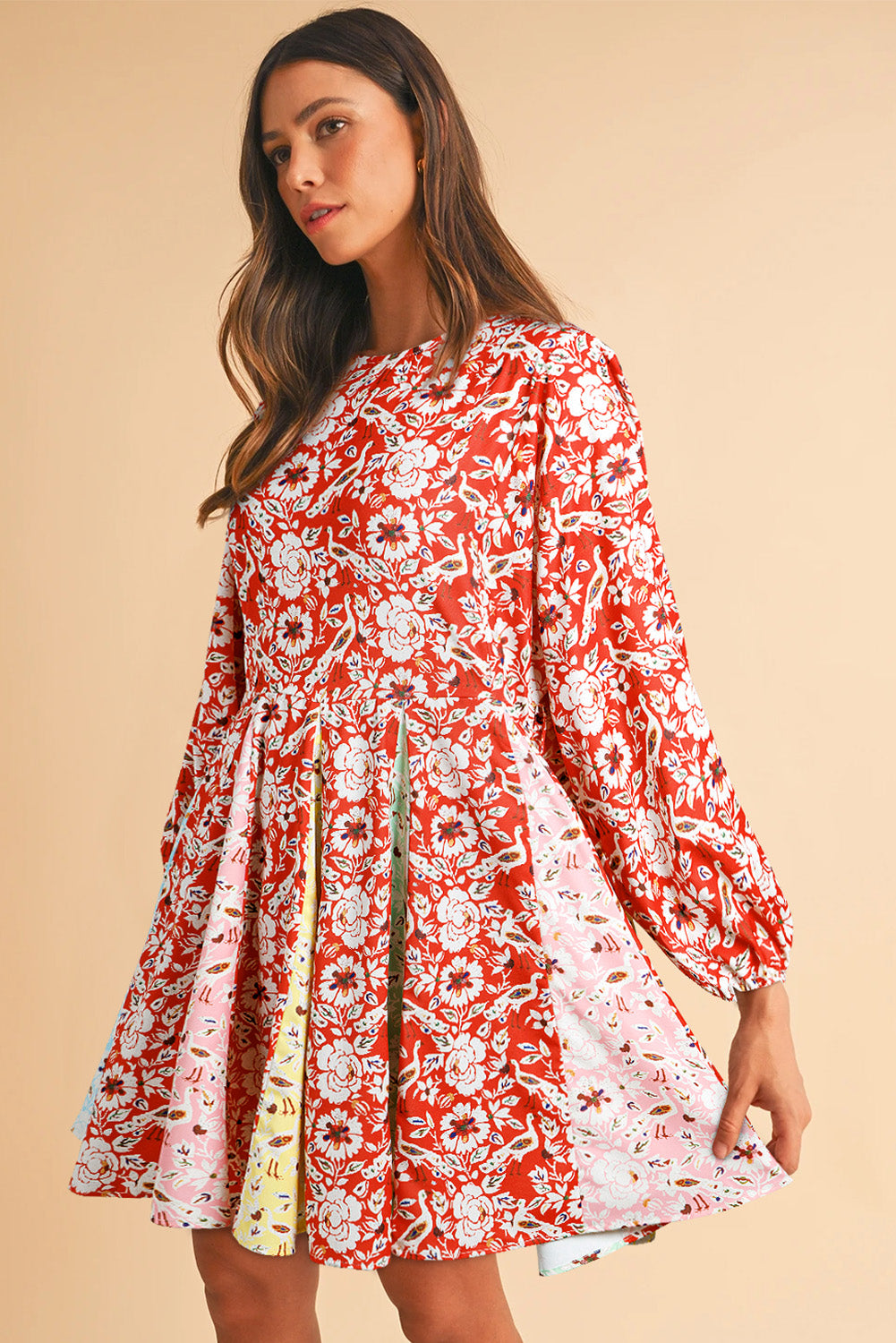 Red Colorful Floral Patchwork Long Sleeve Pleated Mini Dress