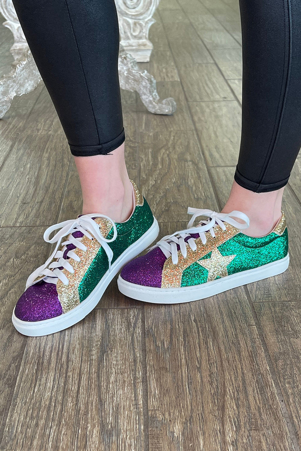 Blackish Green Mardi Gras Triple Color Sequin Lace up Flat Shoes