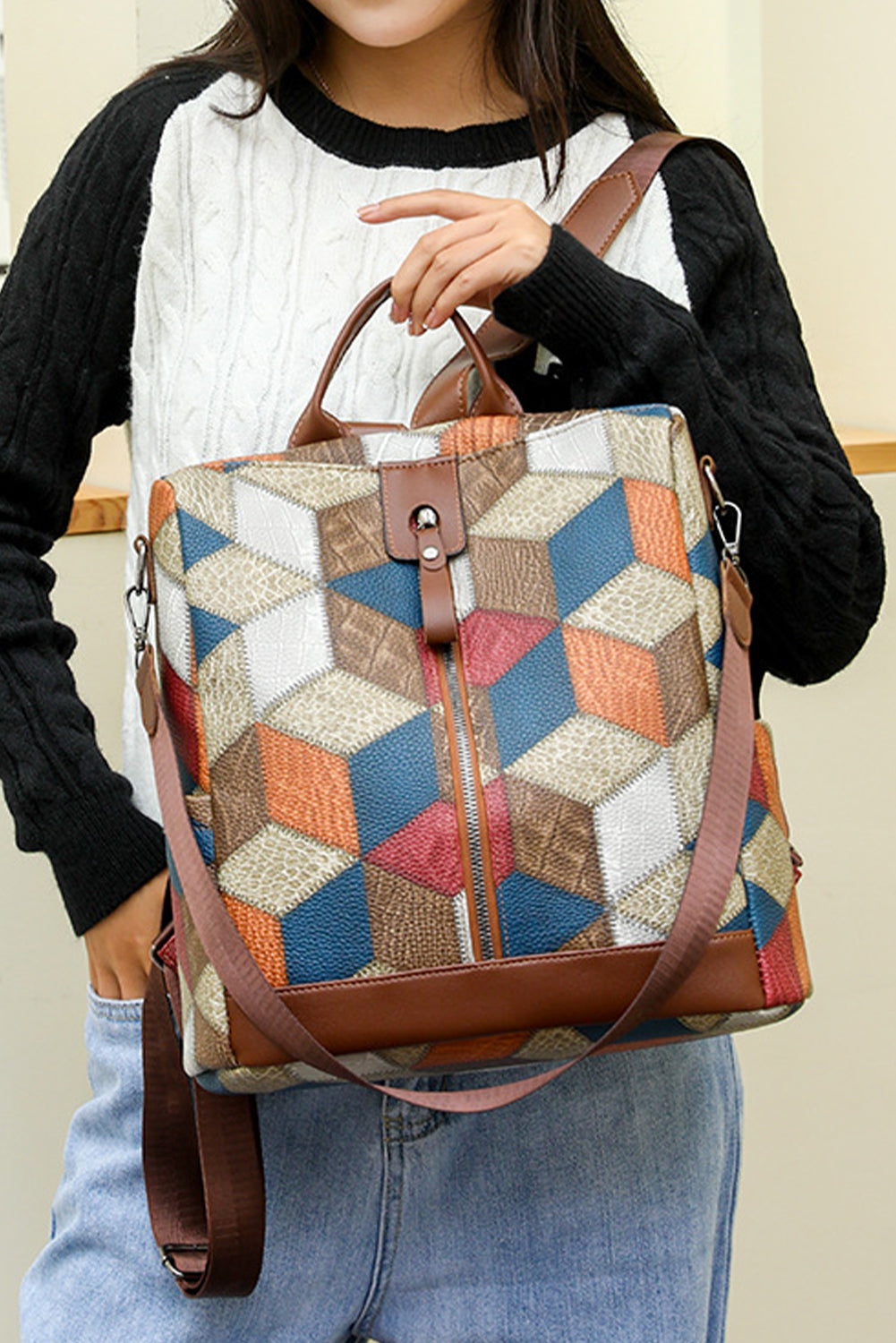 Chestnut Geometric Soft PU Leather Large Convertible Backpack