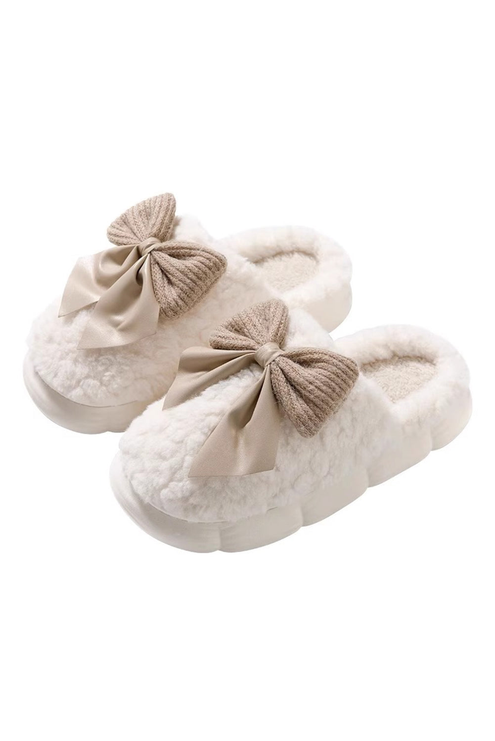 White Contrast Bowknot Applique Plush Winter Slippers (Bow Colors May Differ by Batch)