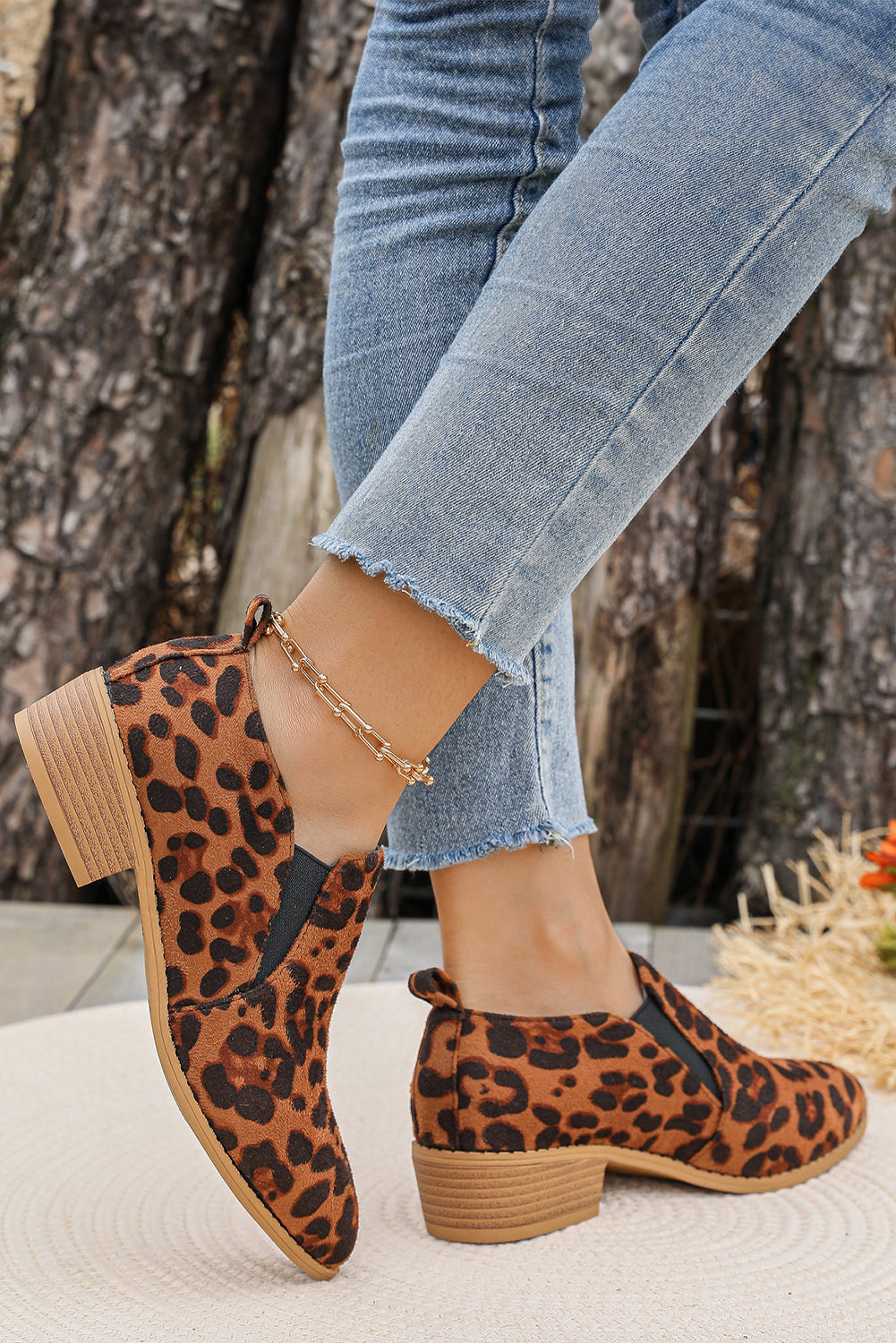 Chestnut Leopard Block Heel Round Toe Ankle Boots