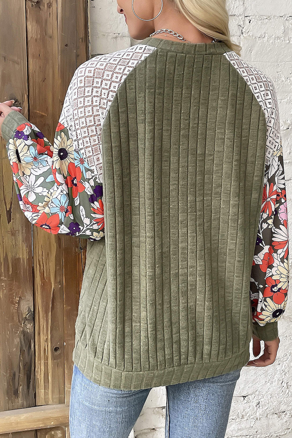 Vineyard Green Plus Size Textured Floral Patchwork Raglan Sleeve Blouse