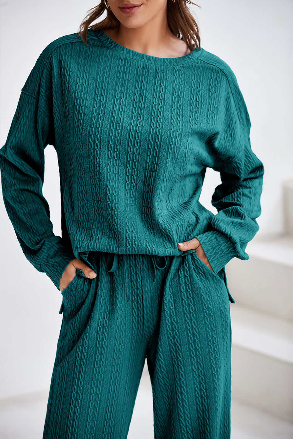 Sea Green Textured Round Neck Sweatshirt & Loose Drawstring High Waist Pant Set