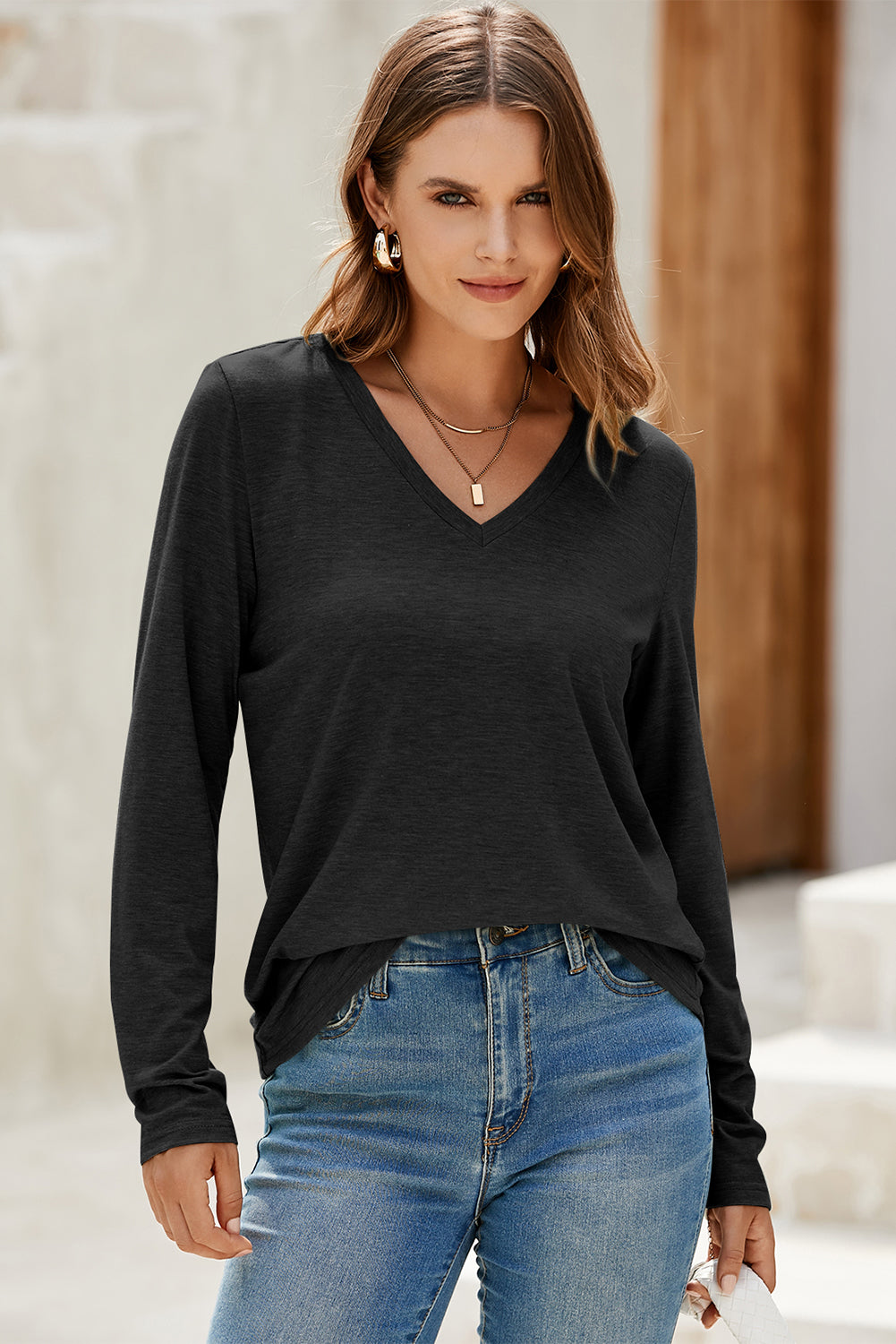 Black Solid Color V Neck Long Sleeve Stretchy Top