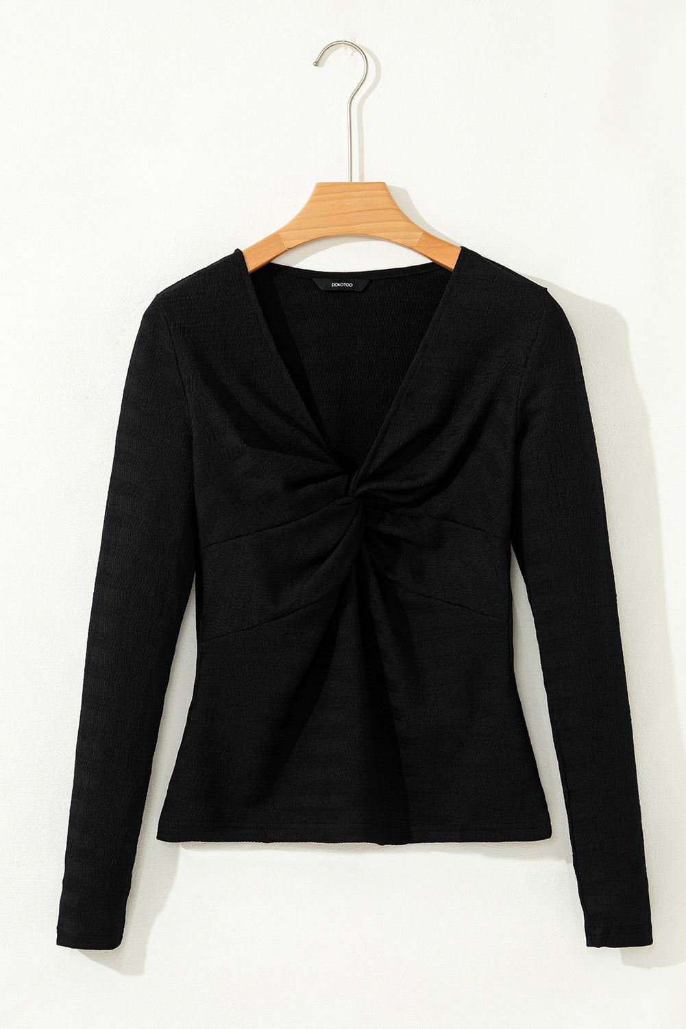 Black Textured Twist Front V Neck Long Sleeve Slim Solid Color Top