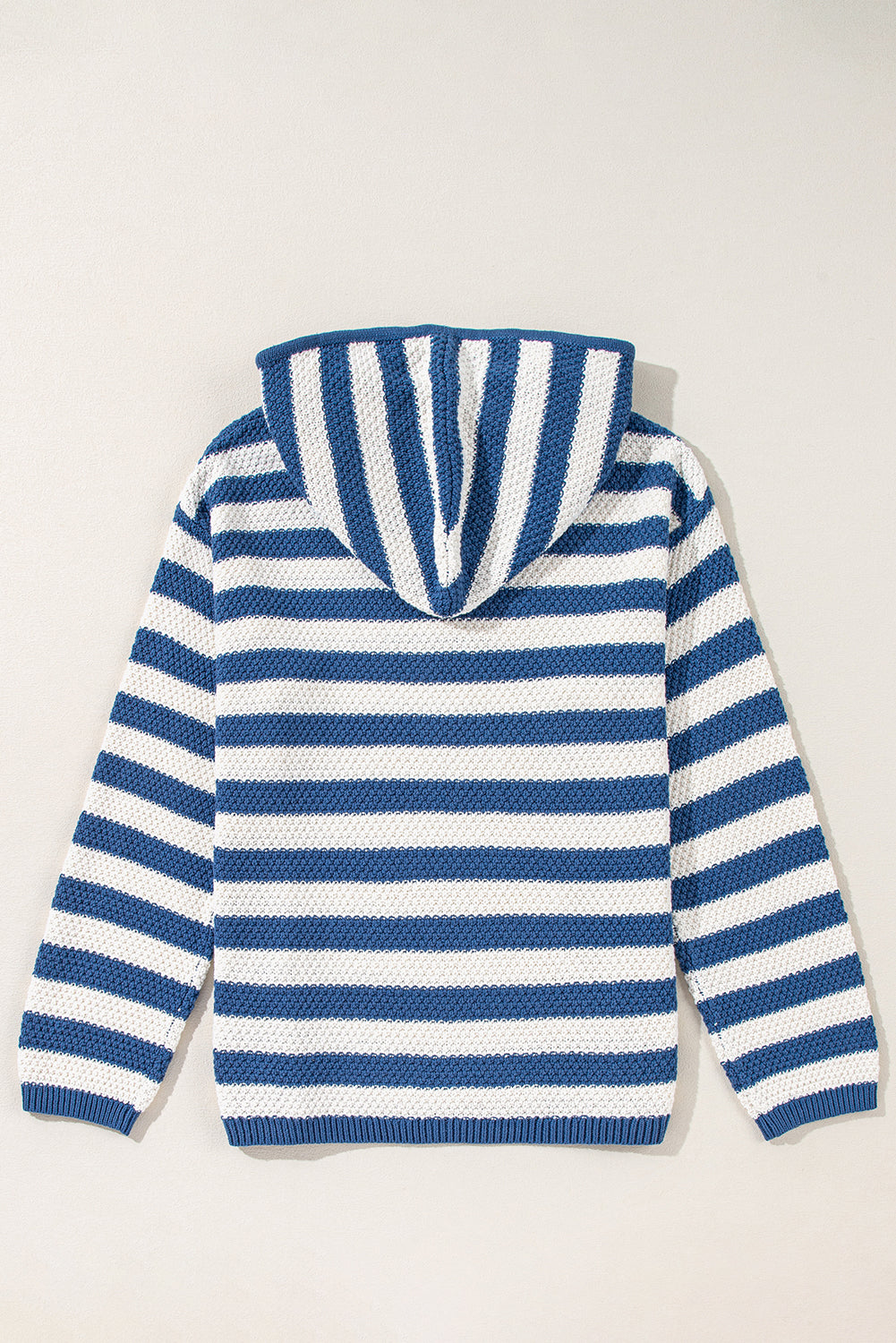 Blue Stripe V Neck Pocketed Drawstring Hooded Sweater