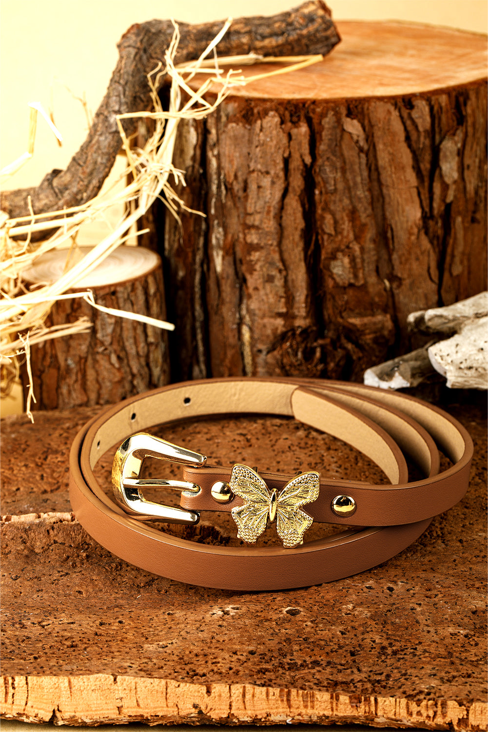Thai Curry Butterfly Decor Buckle PU Leather Thin Waist Belt