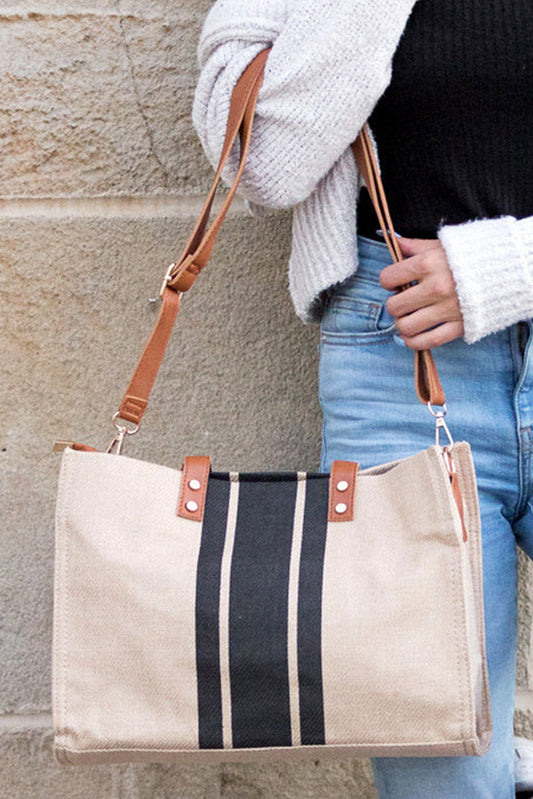 Black Striped Print Contrast PU Leather Handle Patchwork Shoulder Bag
