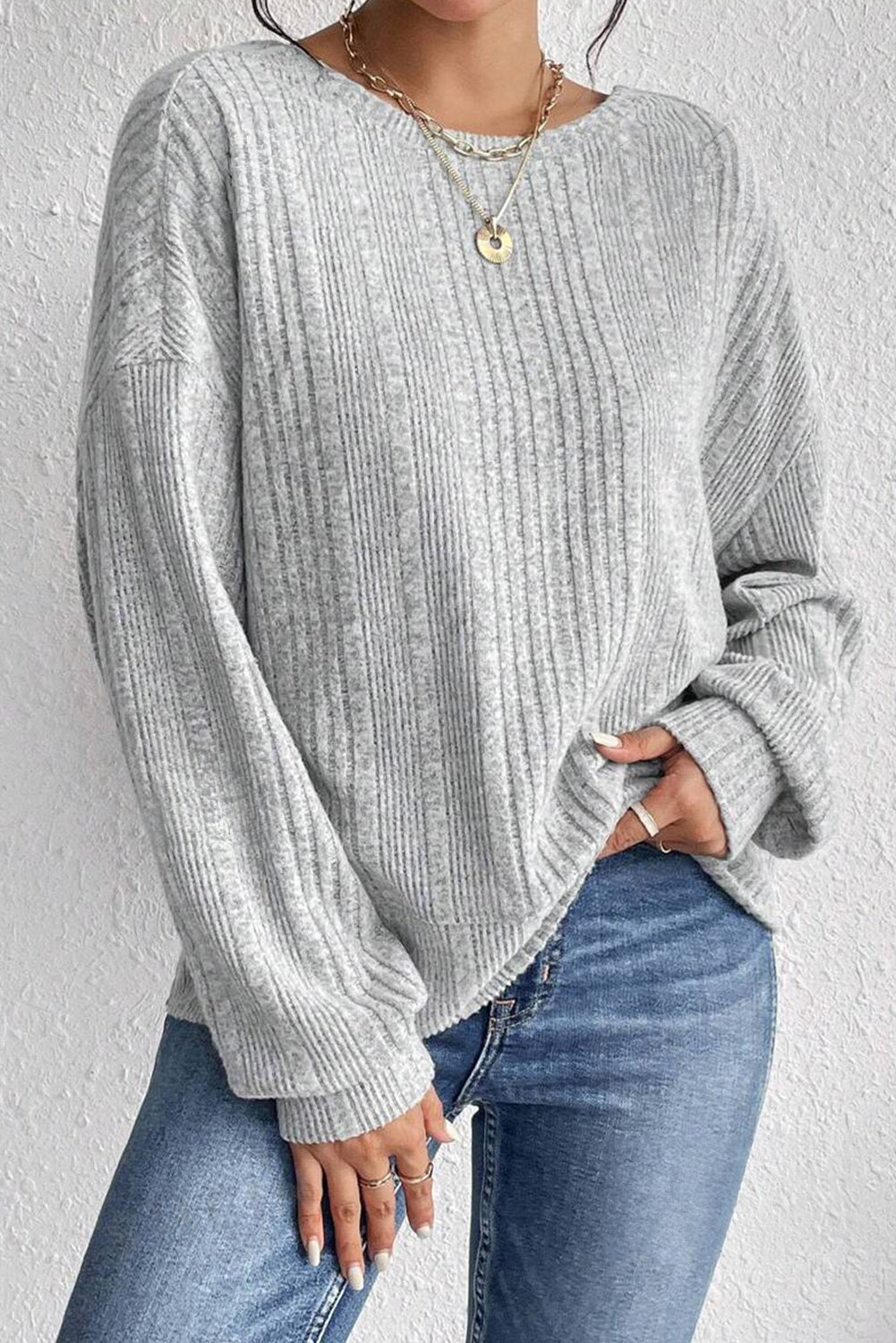 Light Grey Textured Crossover Backless Knit Long Sleeve Top