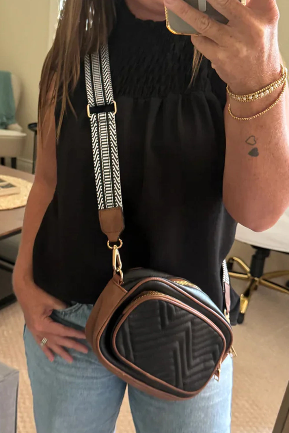 Black PU Leather Quilted Texture Mini Shoulder Bag