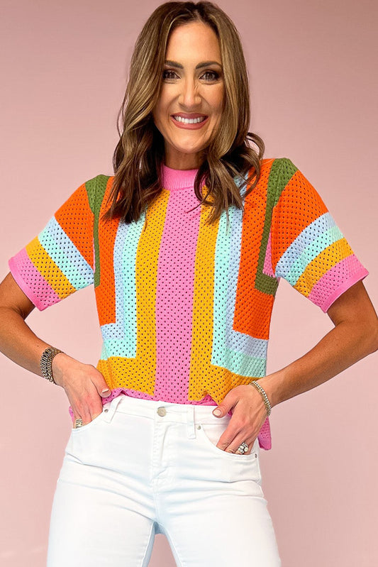 Orange Color Block Eyelet Casual Sweater T Shirt