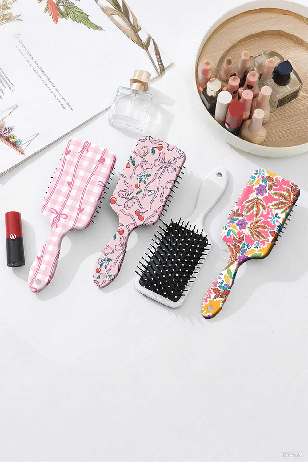 Rose Red Boho Vacation Floral Print Large Cushion Paddle Comb