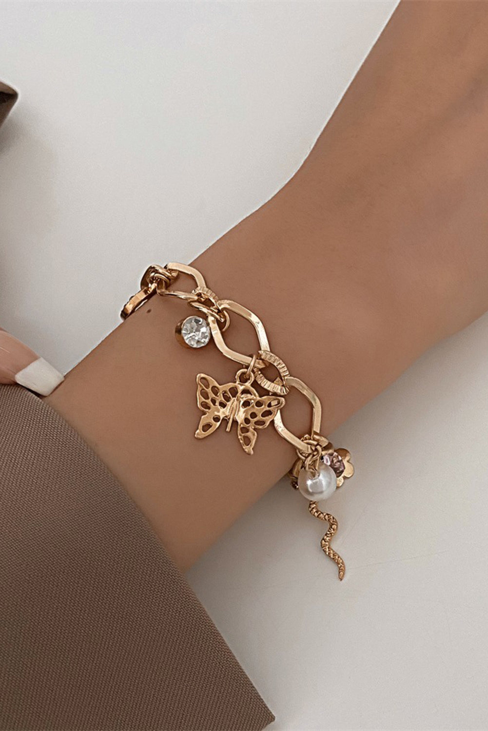 Gold Heart Butterfly Pearl Charm Plated Alloy Bracelet