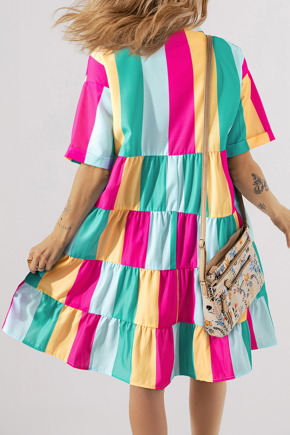 Rose Stripe Colorblock Short Sleeve Mini Shirt Dress