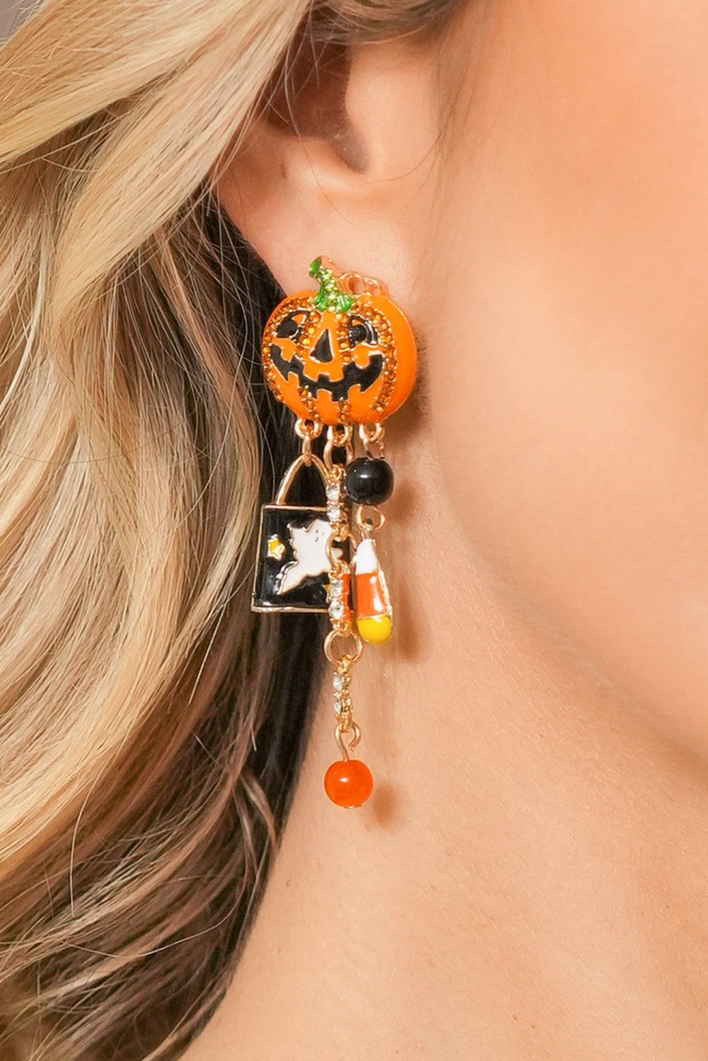 Orange Halloween Rhinestone Pumpkin Ghost Tassel Earrings