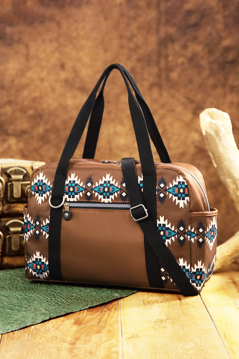 Coffee Western Aztec Print PU Leather Large Travel Duffel Bag