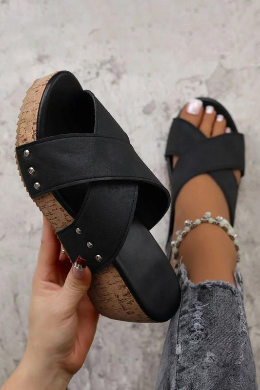 Black Criss Cross Cut Out PU Leather Wedge Slippers