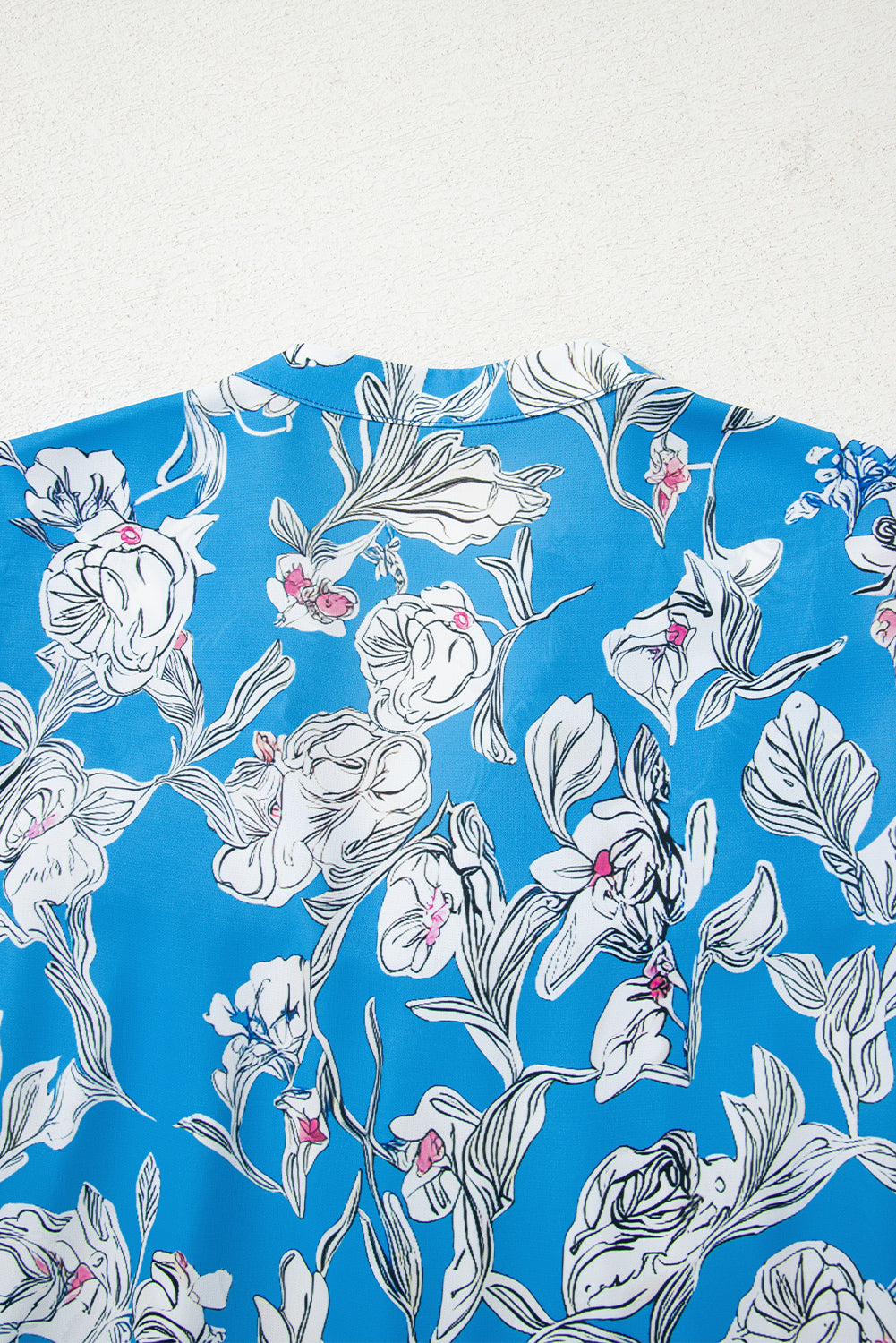 Sky Blue V Neck Floral Print 3/4 Puff Sleeve Blouse