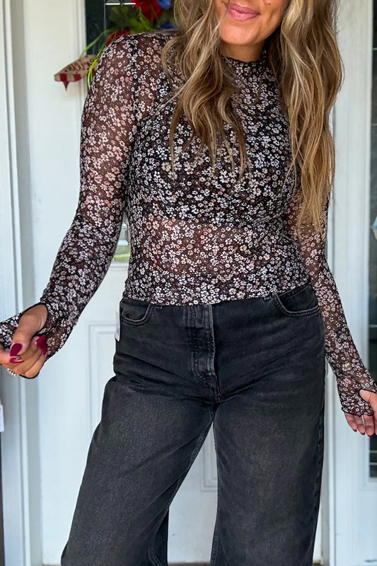Black Ditsy Floral Mesh Thumbhole Sleeve Slim Fit Top