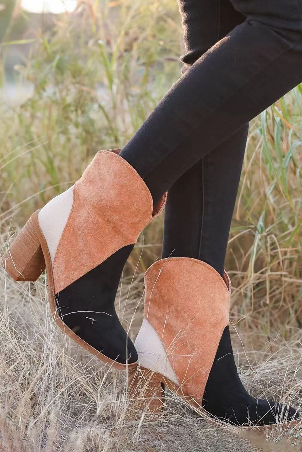 Black Colorblock Suede Heeled Ankle Booties