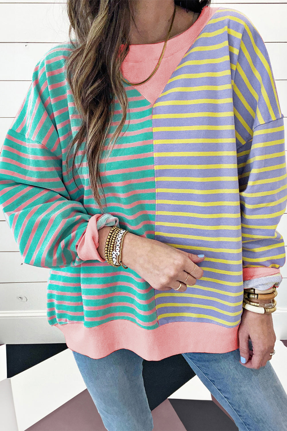 Casual Stripe Colorblock Drop Shoulder Oversize Sweatshirt