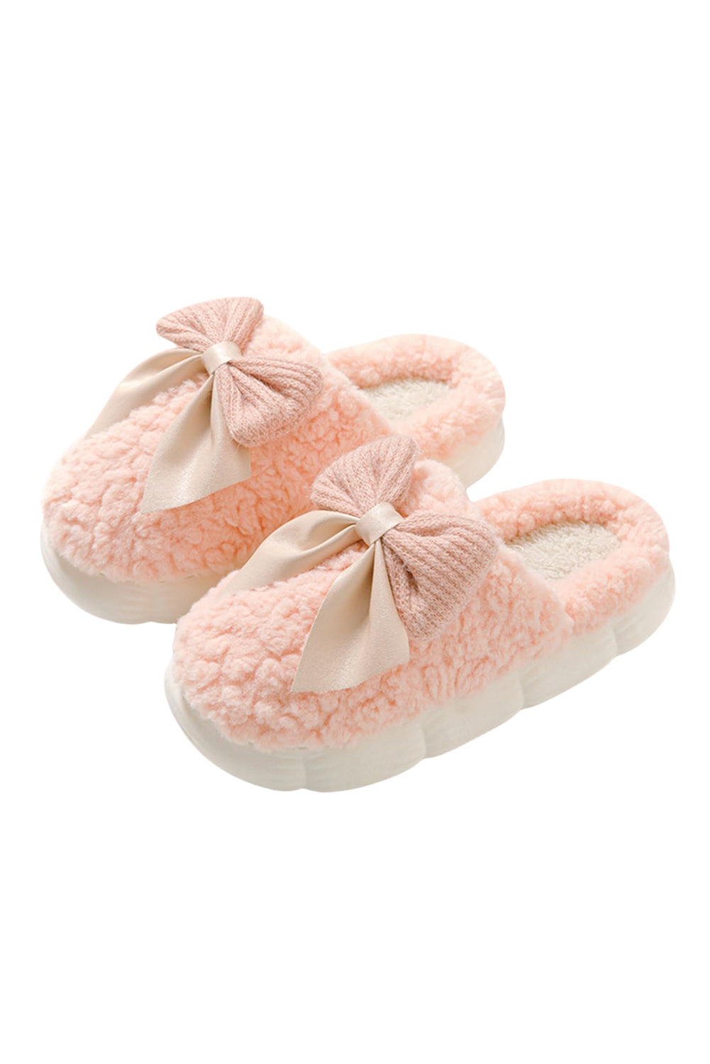 Pink Contrast Bowknot Applique Plush Winter Slippers (Bow Colors May Differ by Batch)