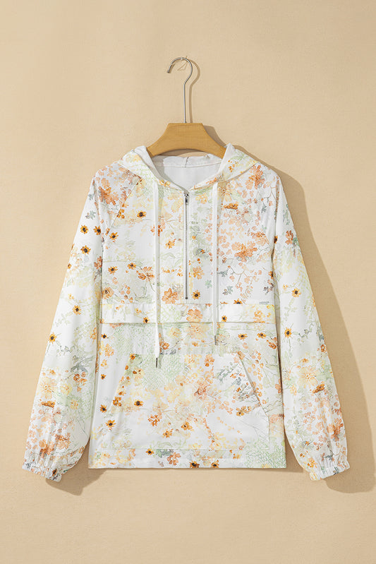 Yellow Floral Print Half Zip Hooded Long Sleeve Top