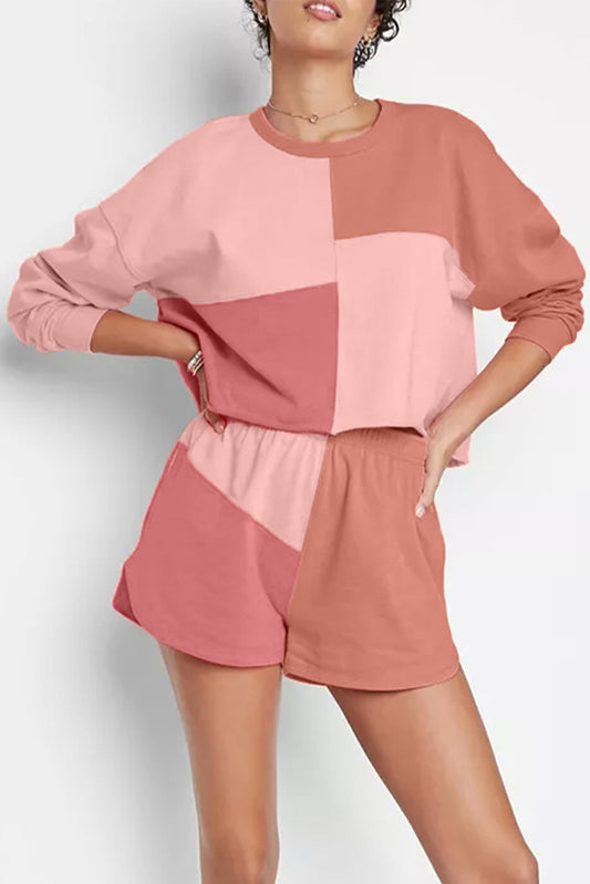 Peach Blossom Colorblock Patchwork Long Sleeve Shorts Outfit