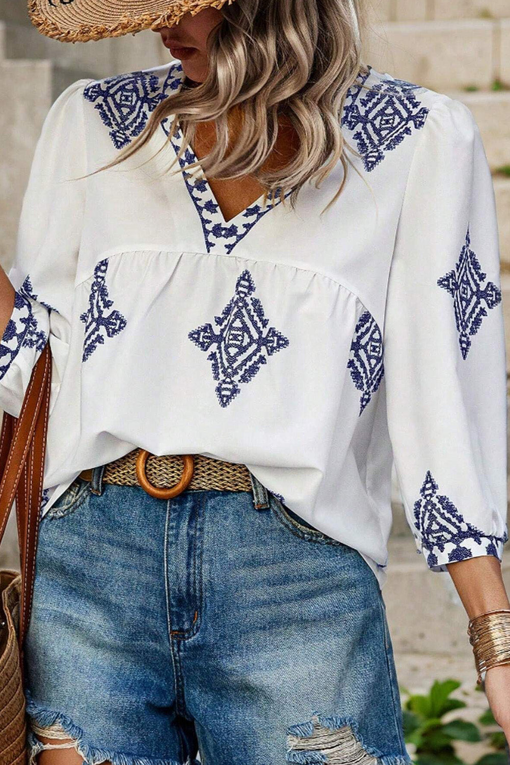 White Boho Geometric Print V Neck Bracelet Sleeve Plus Size Blouse