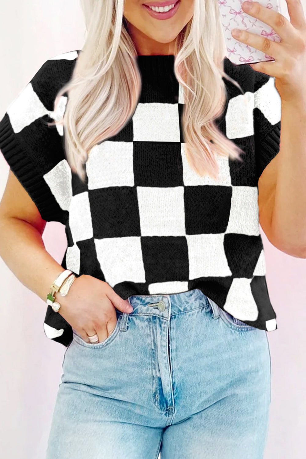 Color black Colorblock Plaid Pattern Ribbed Trim Sweater Tank Top