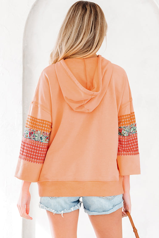 Grapefruit Orange Plaid Floral Patchwork Kangaroo Pocket Hooded Long Sleeve Top