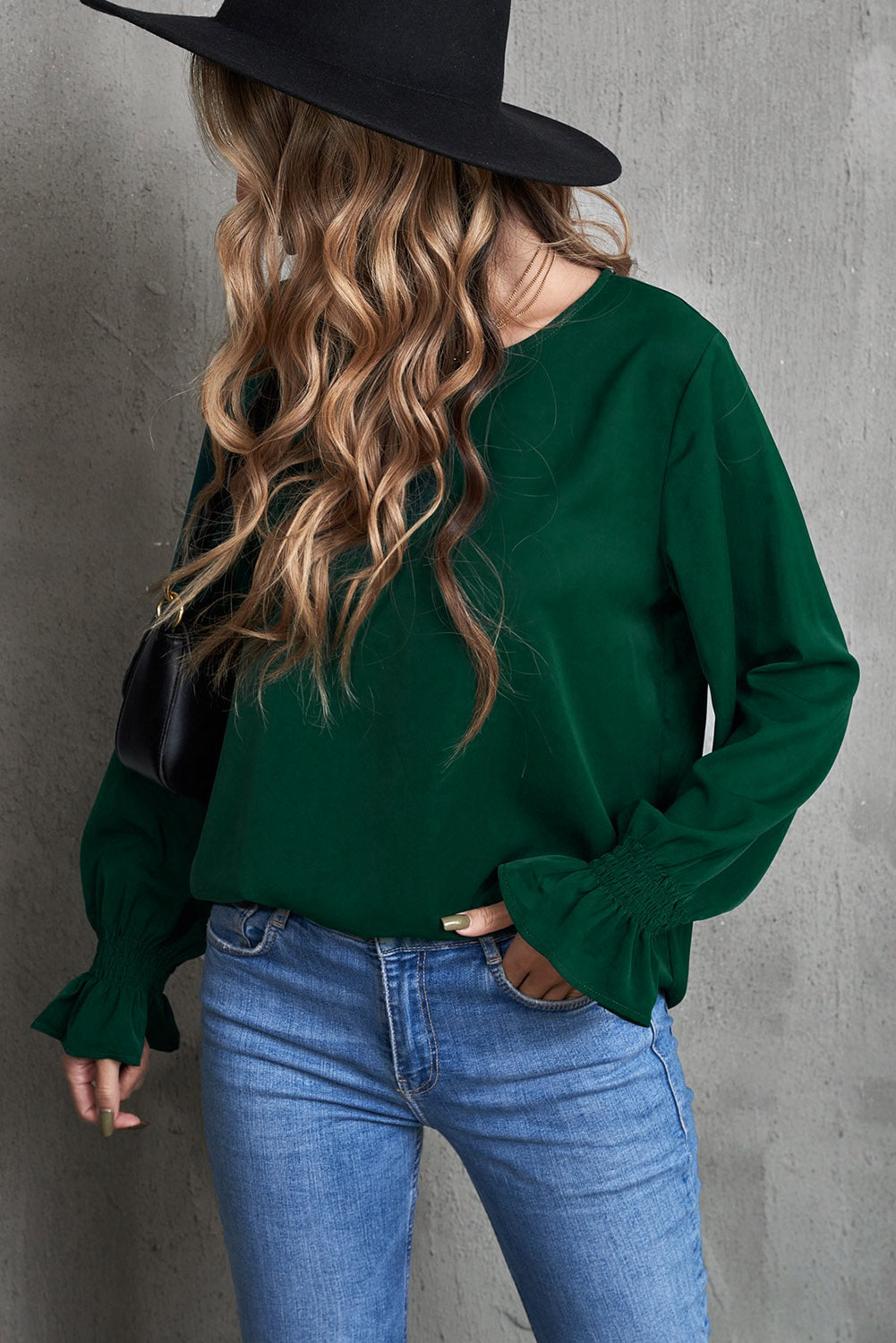 Green Crew Neck Ruffle Bubble Sleeve Top